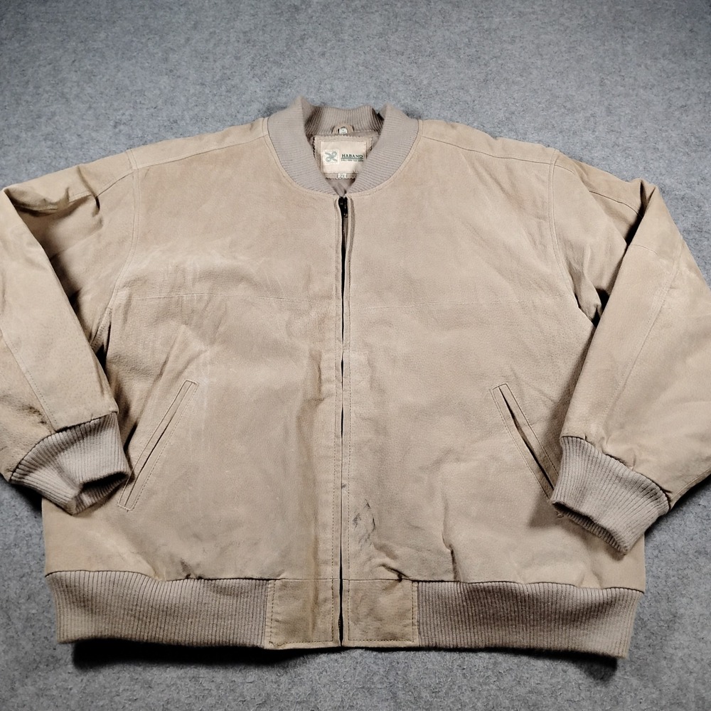 Haband Suede Leather Bomber Jacket Mens 2X Beige Vintage Full Zip Heavy Coat